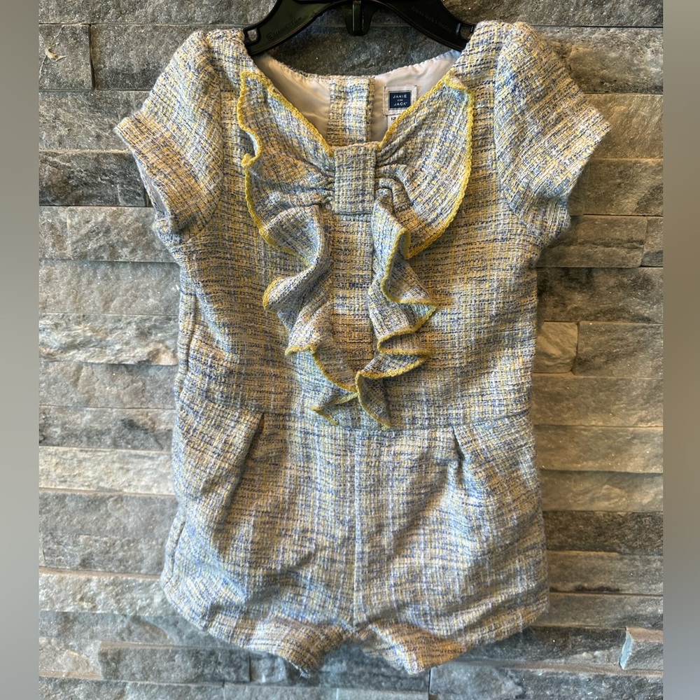 Janie And Jack Blue Yellow Tweed Ruffle Romper 12-18 Months